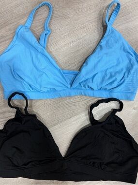 PINK Victoria's Secret Blue and Black Ribbed Triangle Bralette Set